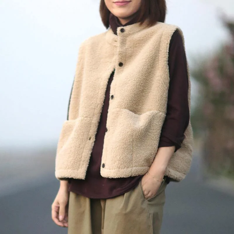 Fine nude wool coat trendy plus size sleeveless pockets coat