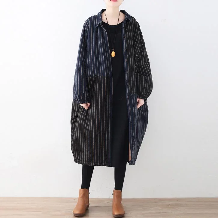 New Blue Black Striped Wool Coat Loose Fitting Down Overcoat Fine Patchwork Cardigans