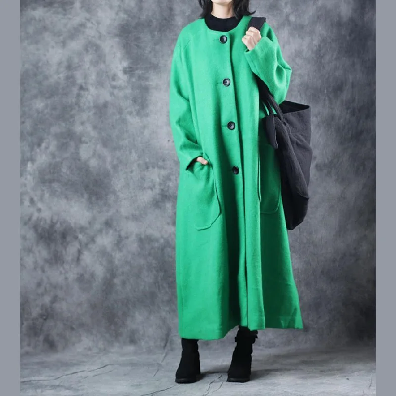 New green coats trendy plus size o neck Winter coat vintage pockets large hem long coat