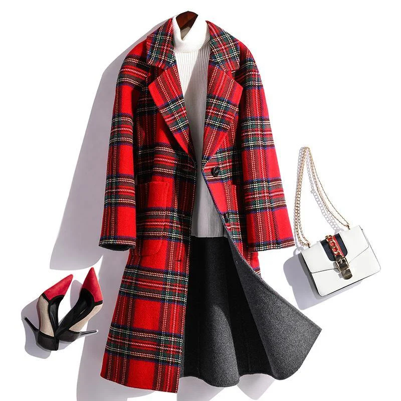 New Red Woolen Coats Women Trendy Plus Size Medium Length Jackets Fall Women Coats Plaid