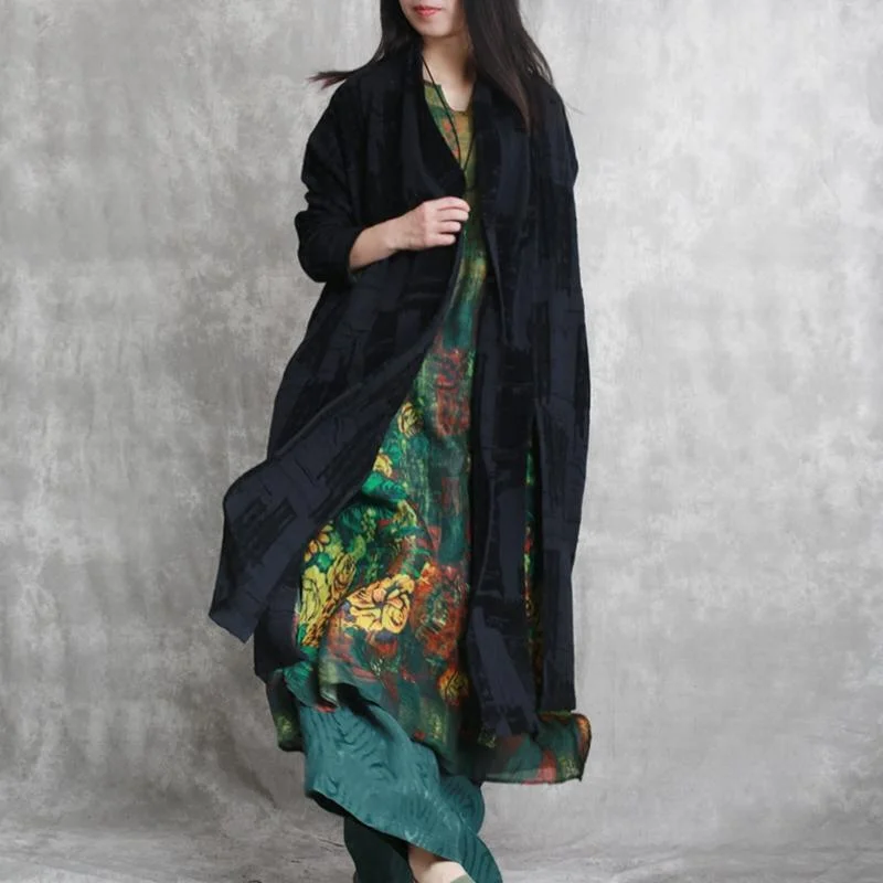 top quality black linen coat plus size jacquard asymmetric vintage cotton cardigans