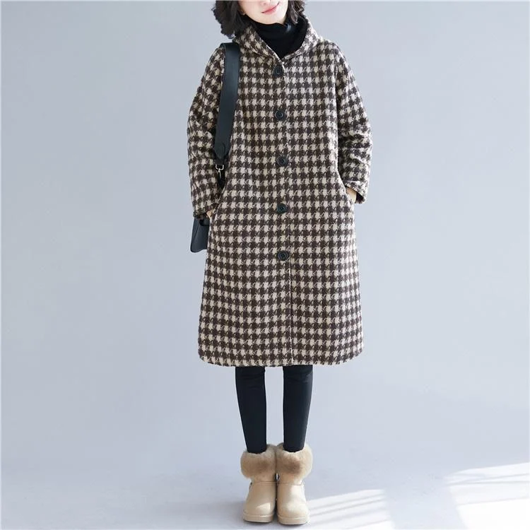 Top Quality Brown Plaid Woolen Coats Oversized Hooded Coats