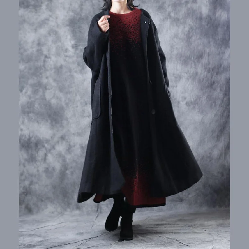 Vintage Black Coat Oversized O Neck Wool Coat Fashion Pockets Large Hem Wool Jackets