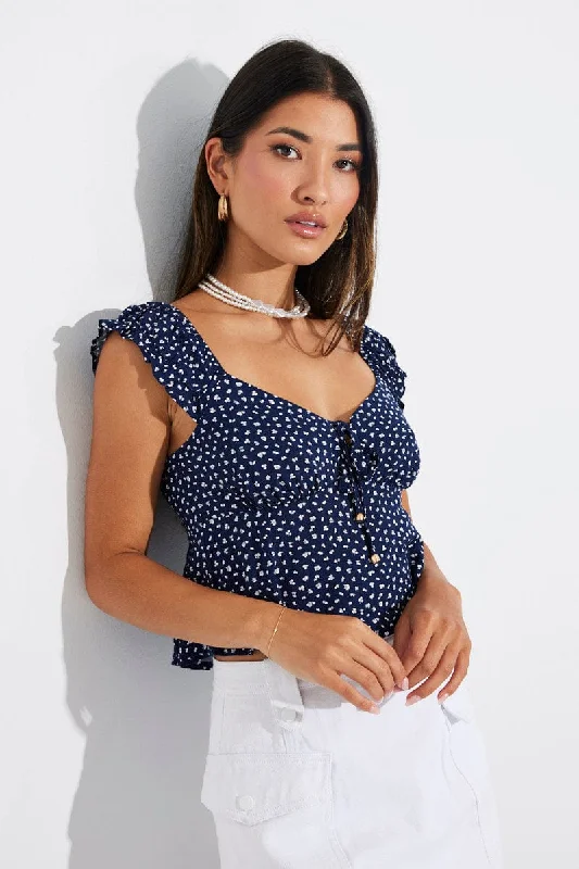 Blue Ditsy Puff Sleeve Top Short Sleeve