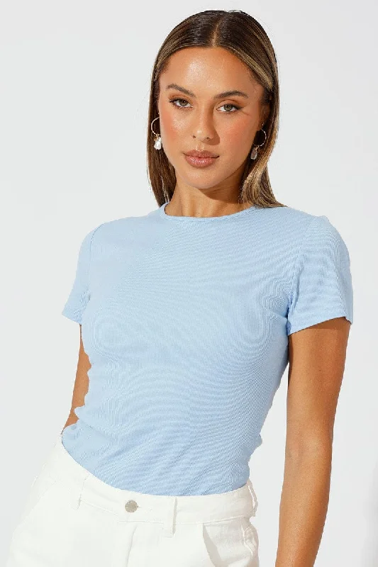 Blue Longline T Shirt Short Sleeve Crew Neck