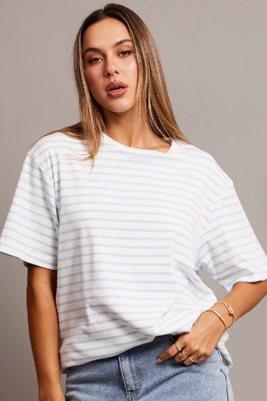 Blue Stripe Oversized T Shirt Short Sleeve Crew Neck