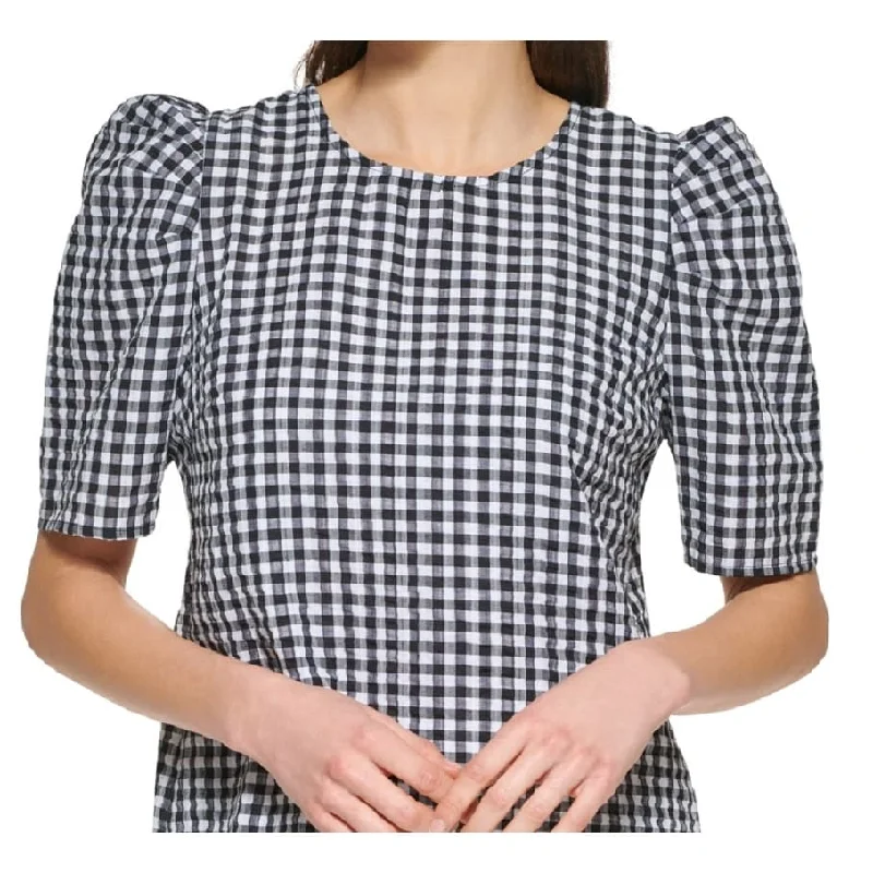 Calvin Klein Women's Short Sleeve Gingham Puff Shoulder Top Black Size X-Small