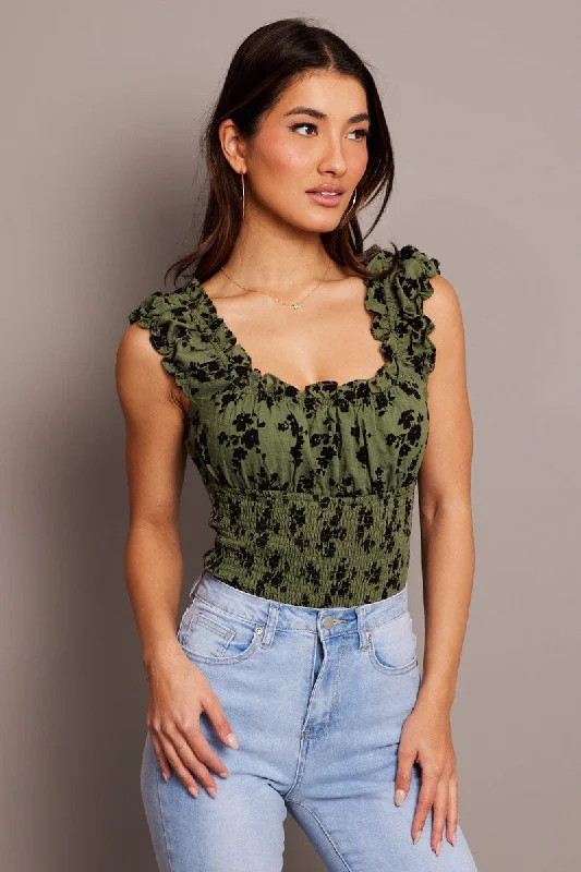 Green Ditsy Bodysuit Short Sleeve Shirred