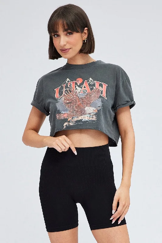 Grey Crop Tee Short Sleeve Graphic Print