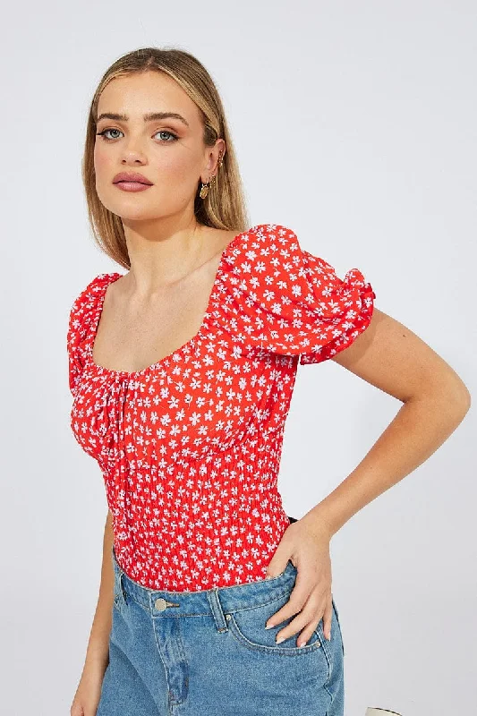 Red Ditsy Bodysuit short Sleeve