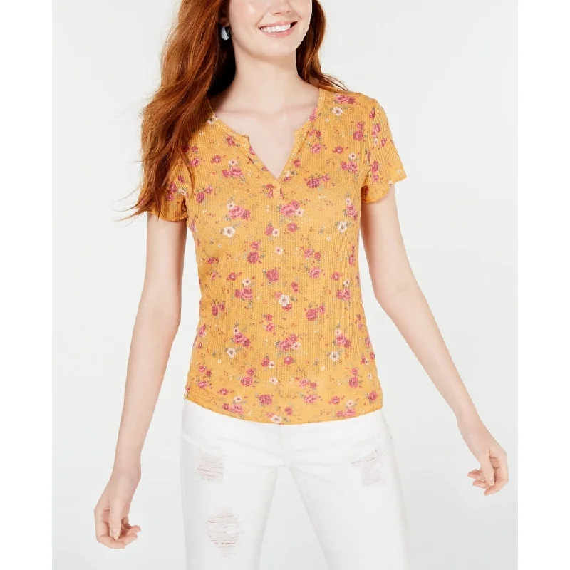 Ultra Flirt Women's Floral Short Sleeve V Neck Top Yellow Size X-Small