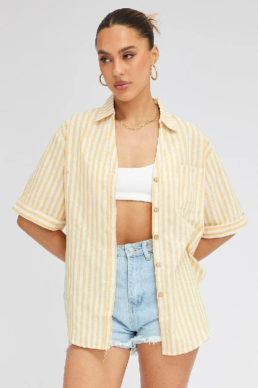 Yellow Stripe Shirt Short Sleeve Collared Neck