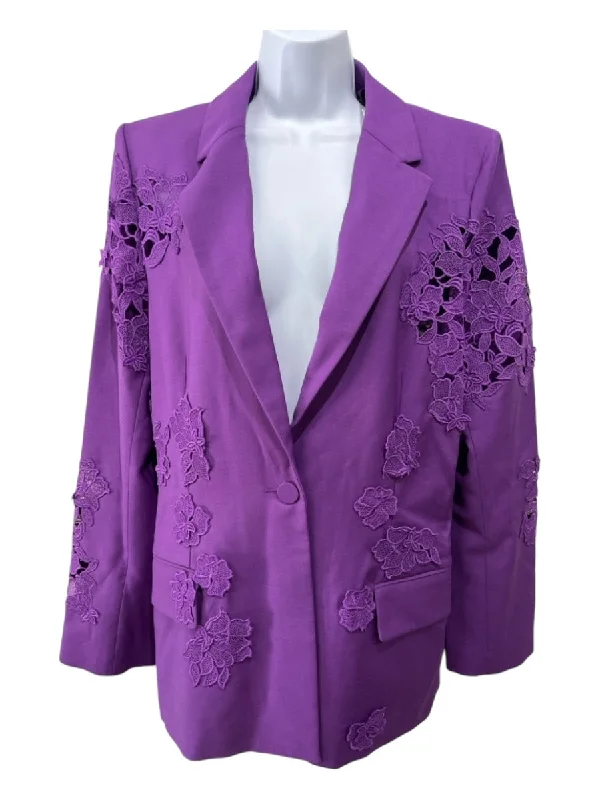 Oscar De La Renta Size 12 Purple Virgin Wool Blend One Button Floral Lace Jacket