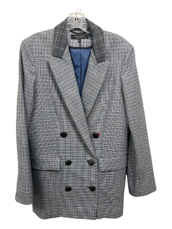 Rag & Bone Size 8 Gray & Blue Wool & Polyester Plaid Double Breast Blazer Jacket