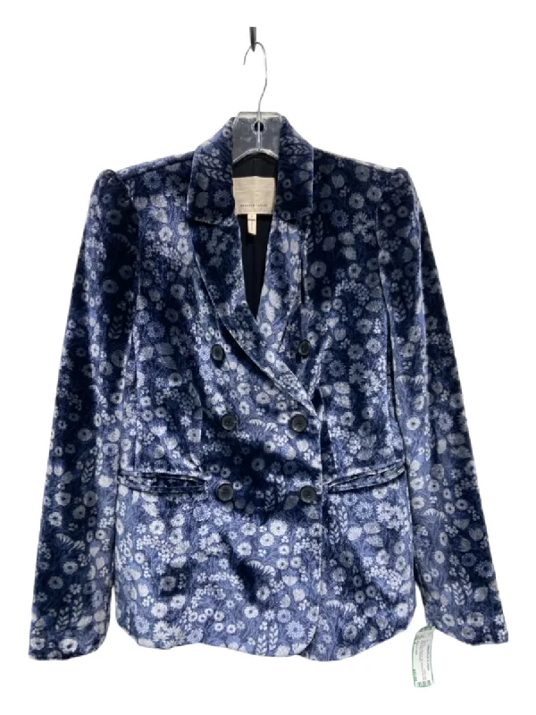 Rebecca Taylor Size 2 Navy Blue Rayon & Silk Velvet Botanical Print Jacket