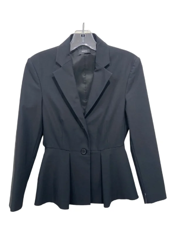 Theory Size 4 Black Cotton 2 Buttons Pleated Peplum Blazer Jacket